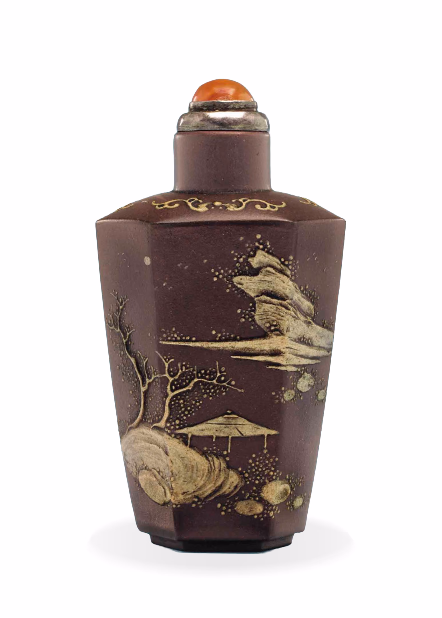 Yixing stoneware with slip-painted landscape and berries