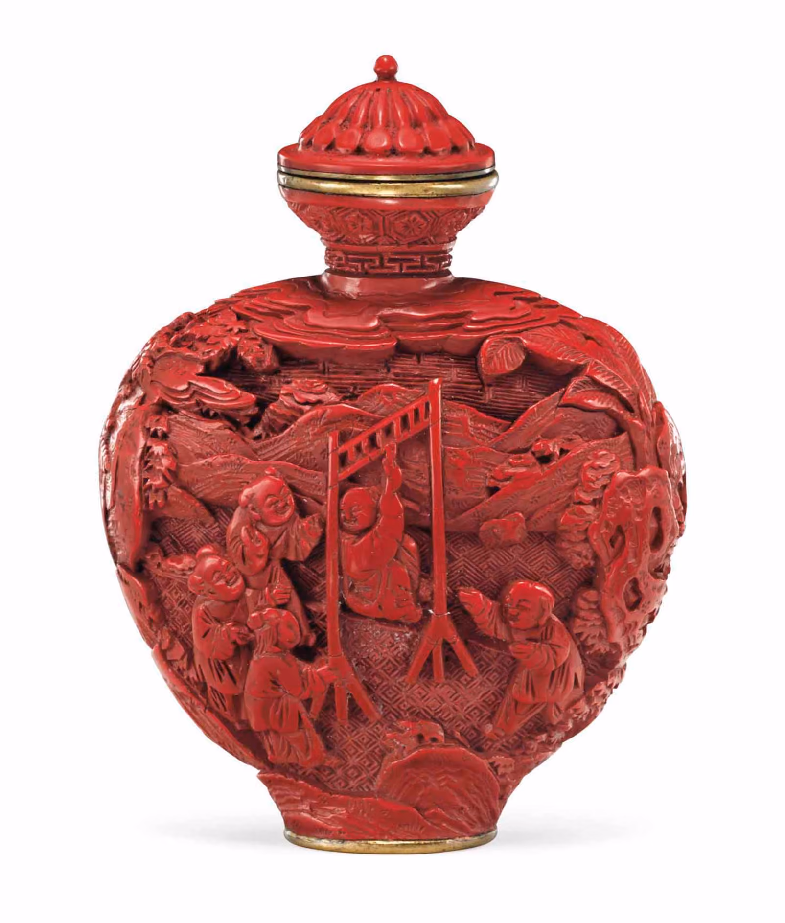 Imperial carved red lacquer with boys at play