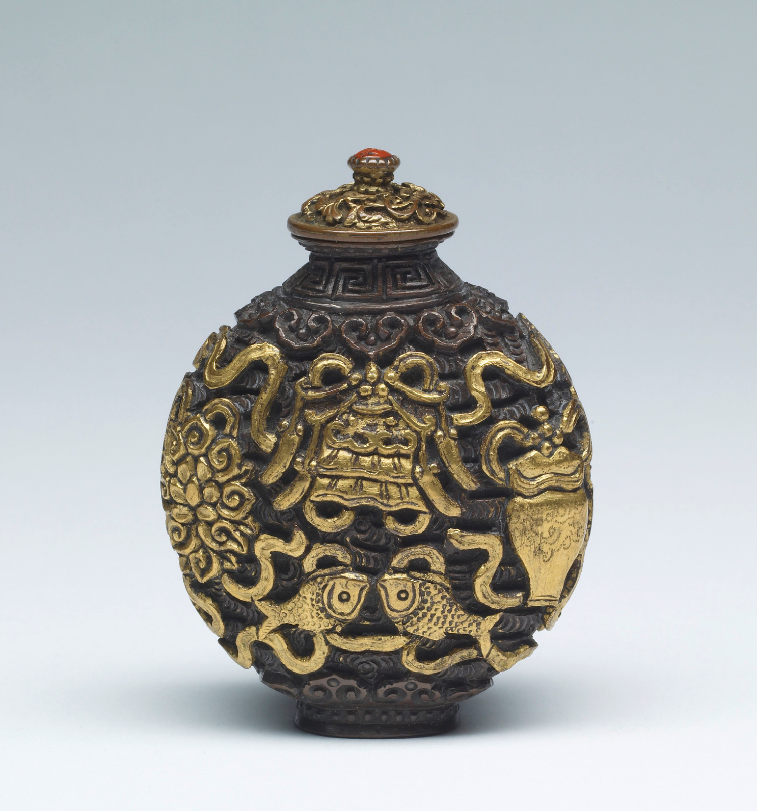 Cast copper alloy with Buddhist emblems
