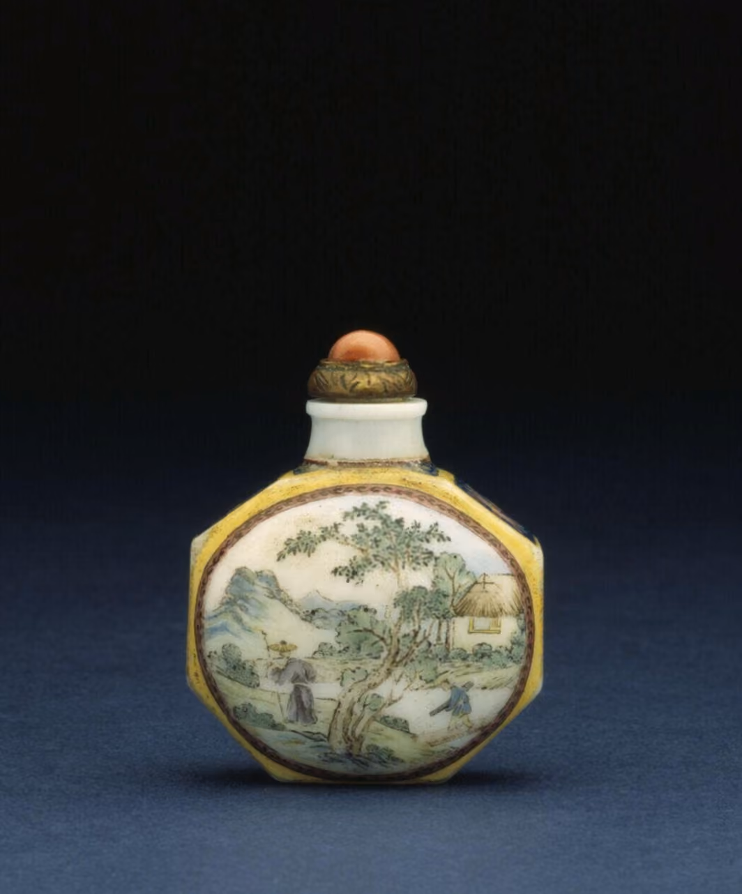 Enamelled glass with figures in a landscape