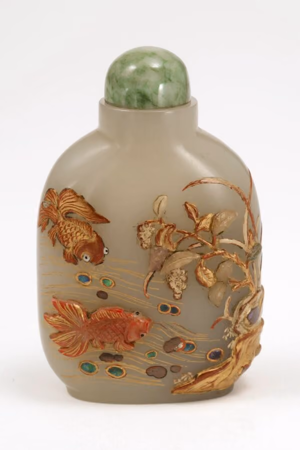 White nephrite carved with goldfish, plants, and poem