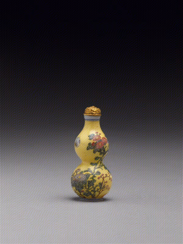 Enamel on glass with flowers and butterflies on yellow ground