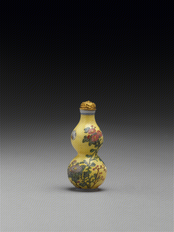 Enamel on glass with flowers and butterflies on yellow ground