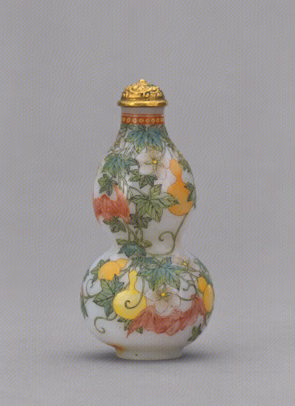 Painted enamel glass in gourd form with gourds, flowers, and bats