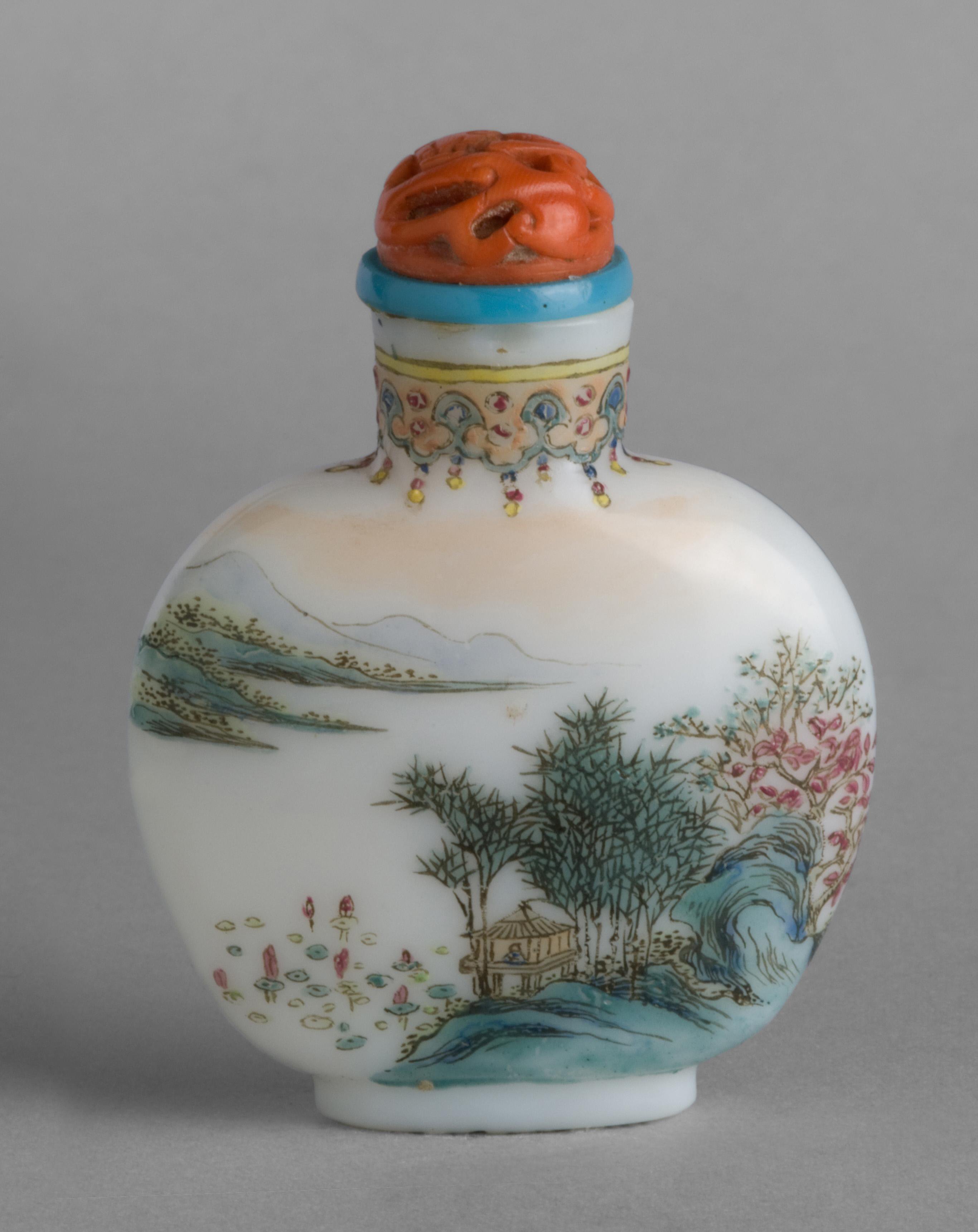 Enamelled glass with pastoral scene of pavilion and lotus pond