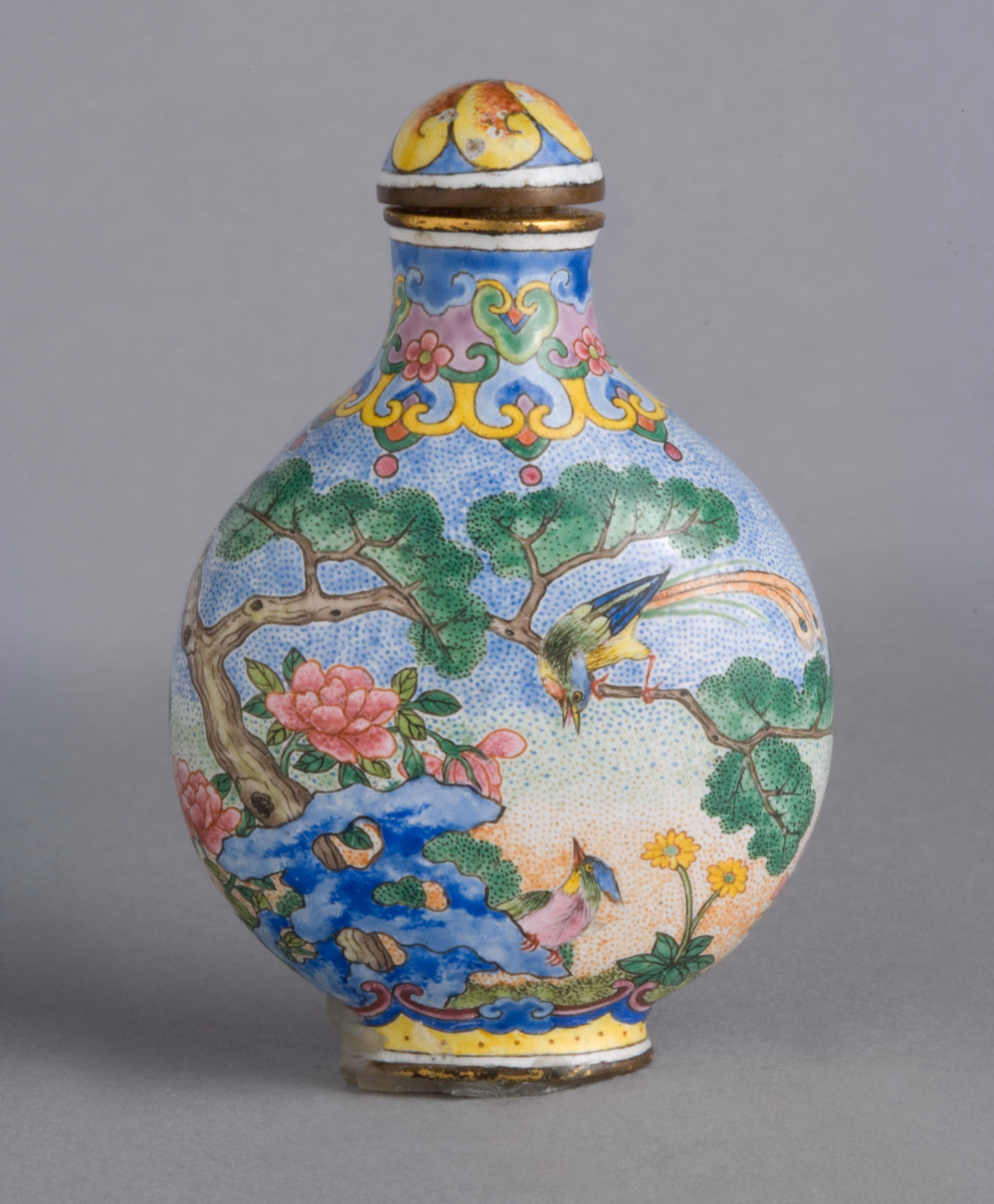 Enamelled metal with birds and tree