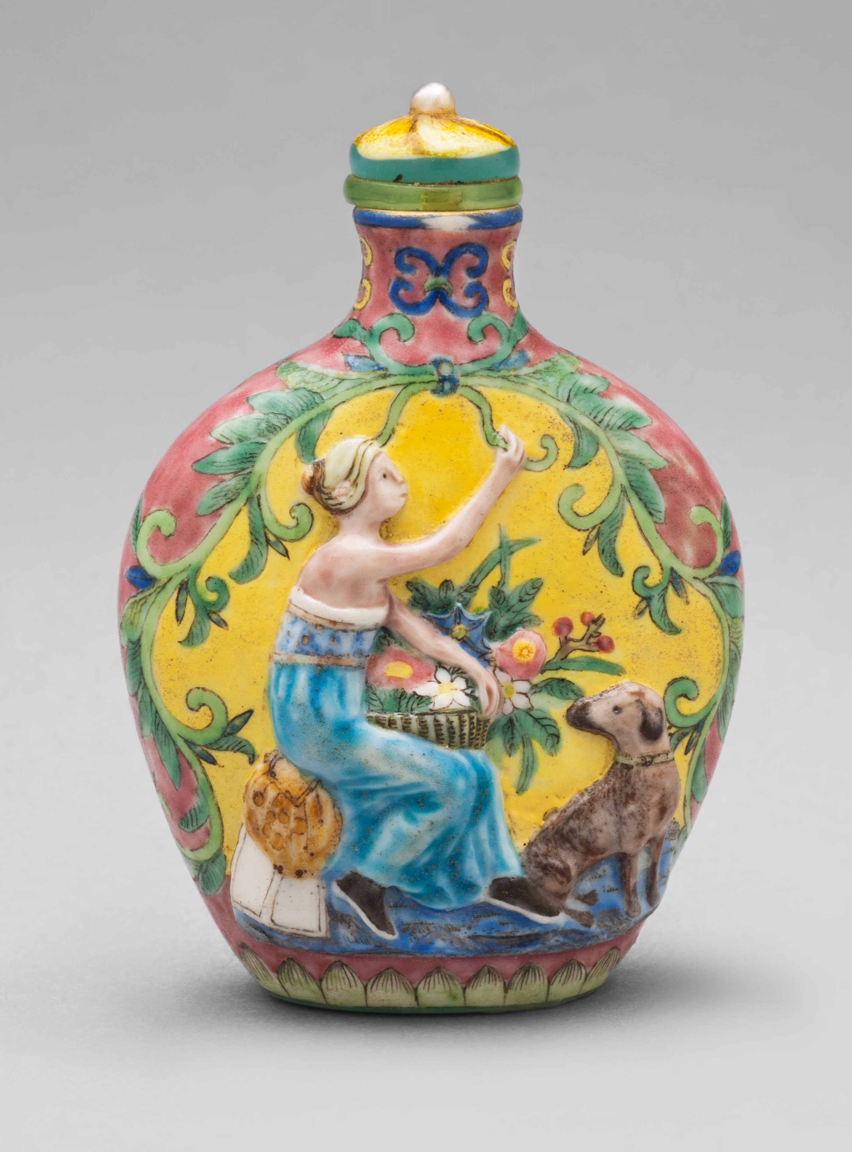Enamelled porcelain with Western lady and dog