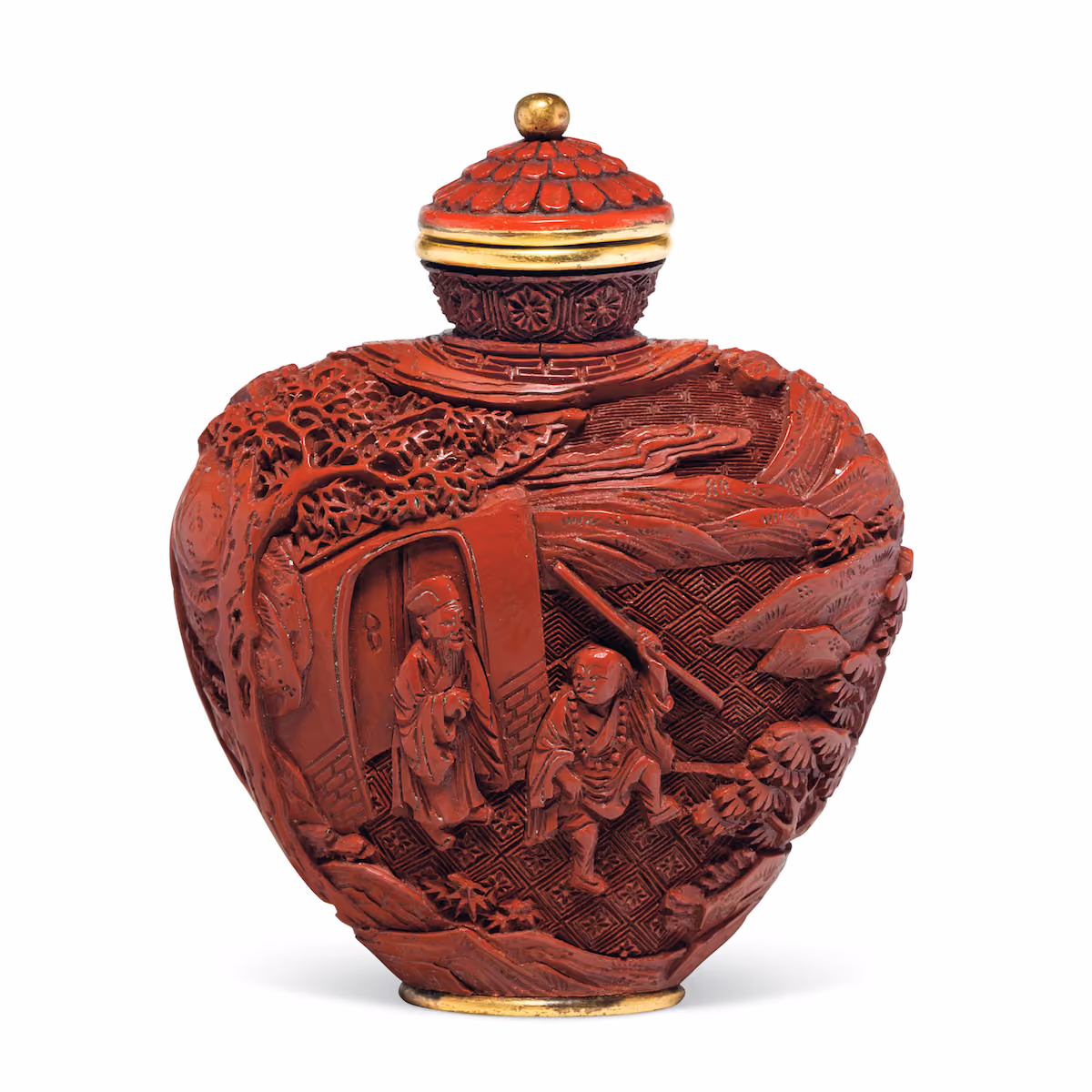 Cinnabar snuff bottle with variety of diaper ground patterns