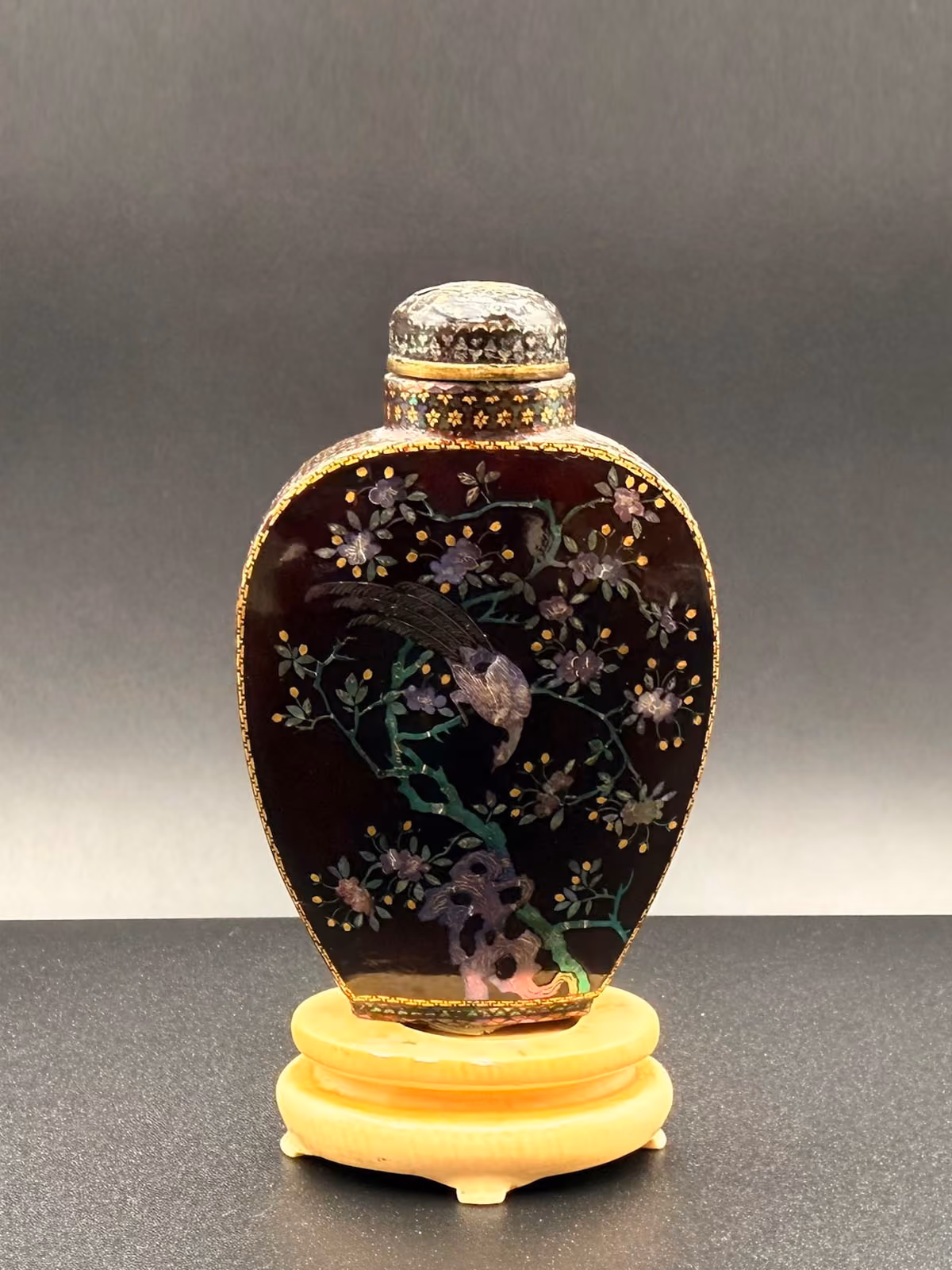 Laque burgauté on metal with peonies and birds
