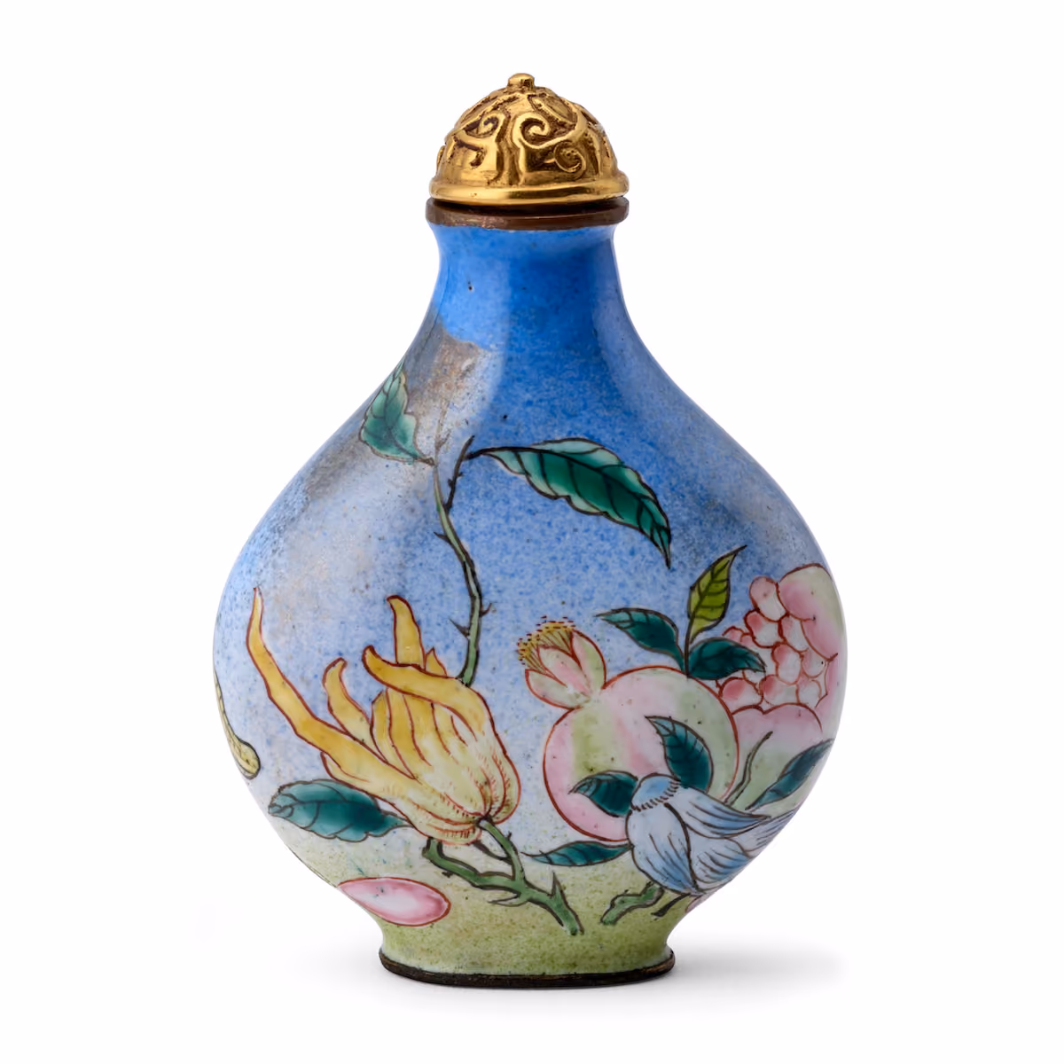 Enamel snuff bottle depicting the three abundances