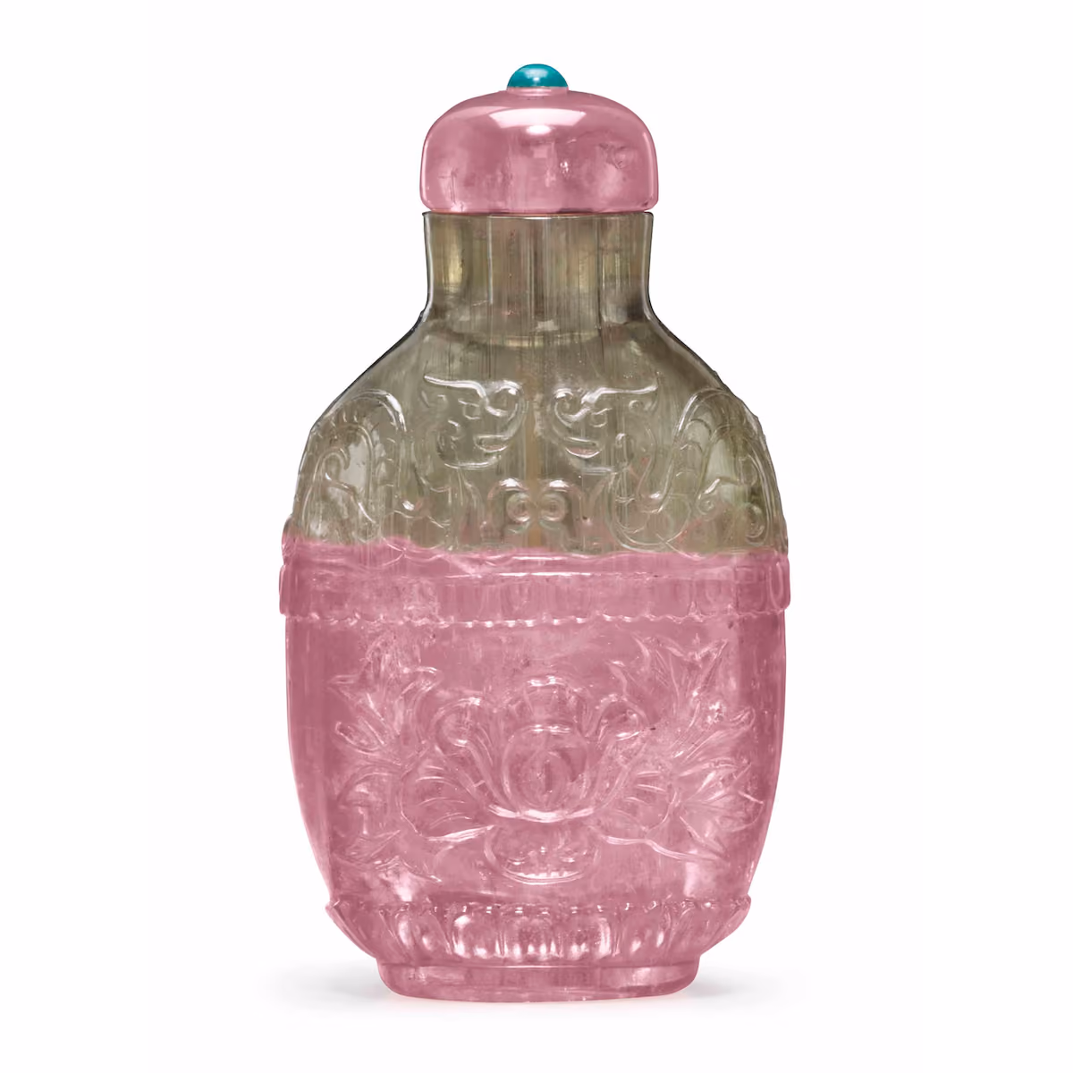 Rare carved green and pink tourmaline snuff bottle