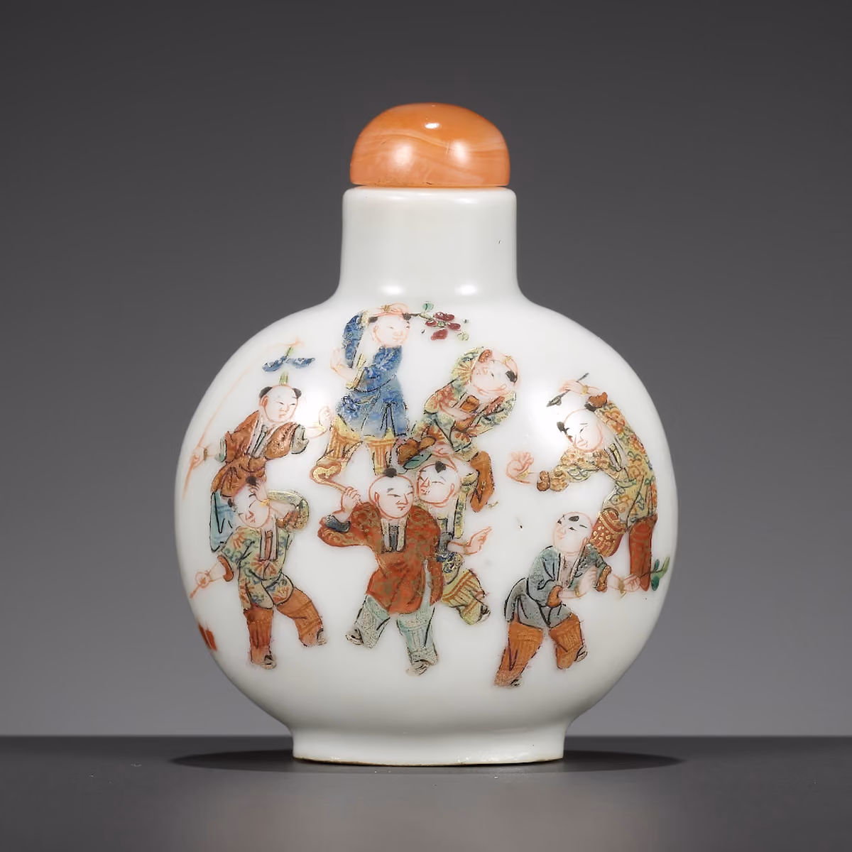 Enamel on porcelain snuff bottle depicting boys at play