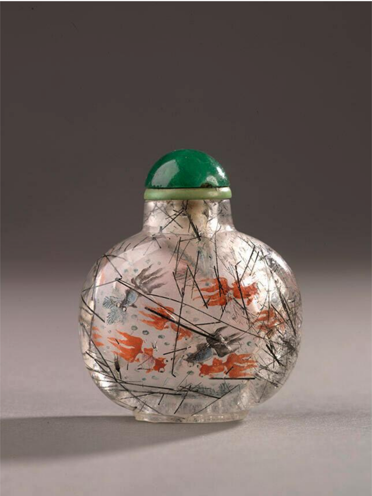 Inside-painted tourmalinated rock crystal with goldfish, signed Ye Zhongsan