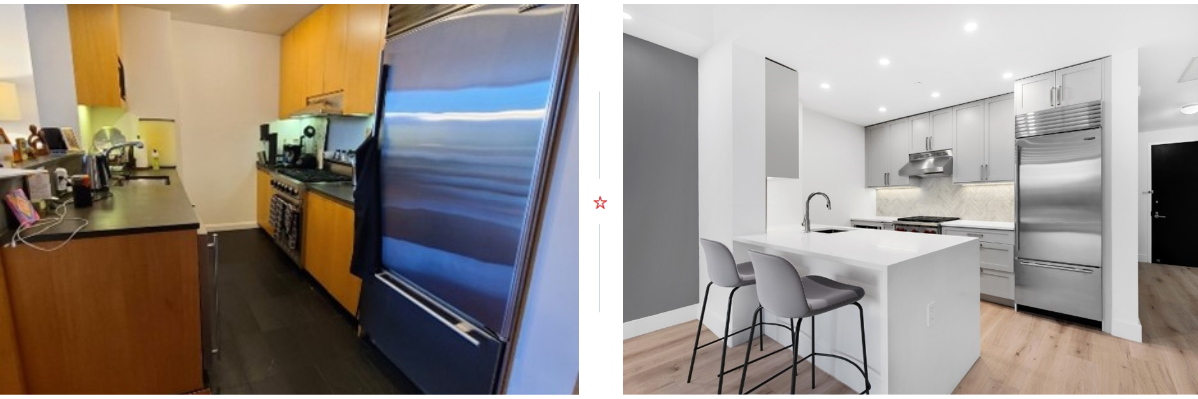 Before and after of the Greenwich Village remodel of the kitchen. The old kitchen had dark wood features and the new is light and bright.