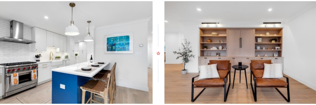 The kitchen and lounging area of a renovated Yorkville home