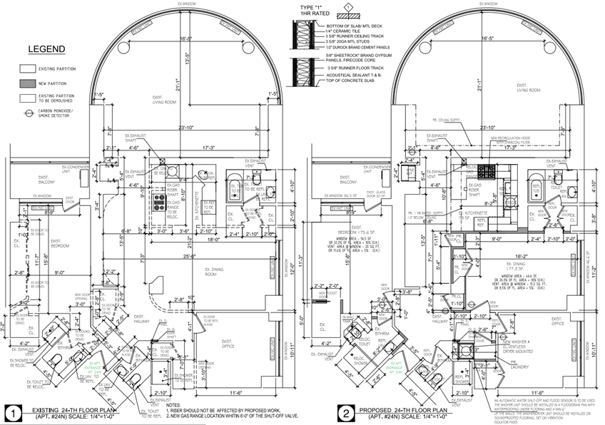 Blueprints of before and after of a remodel