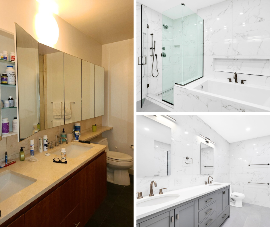 Before and after of a luxury bathroom renovation completed by Star Renovations NY