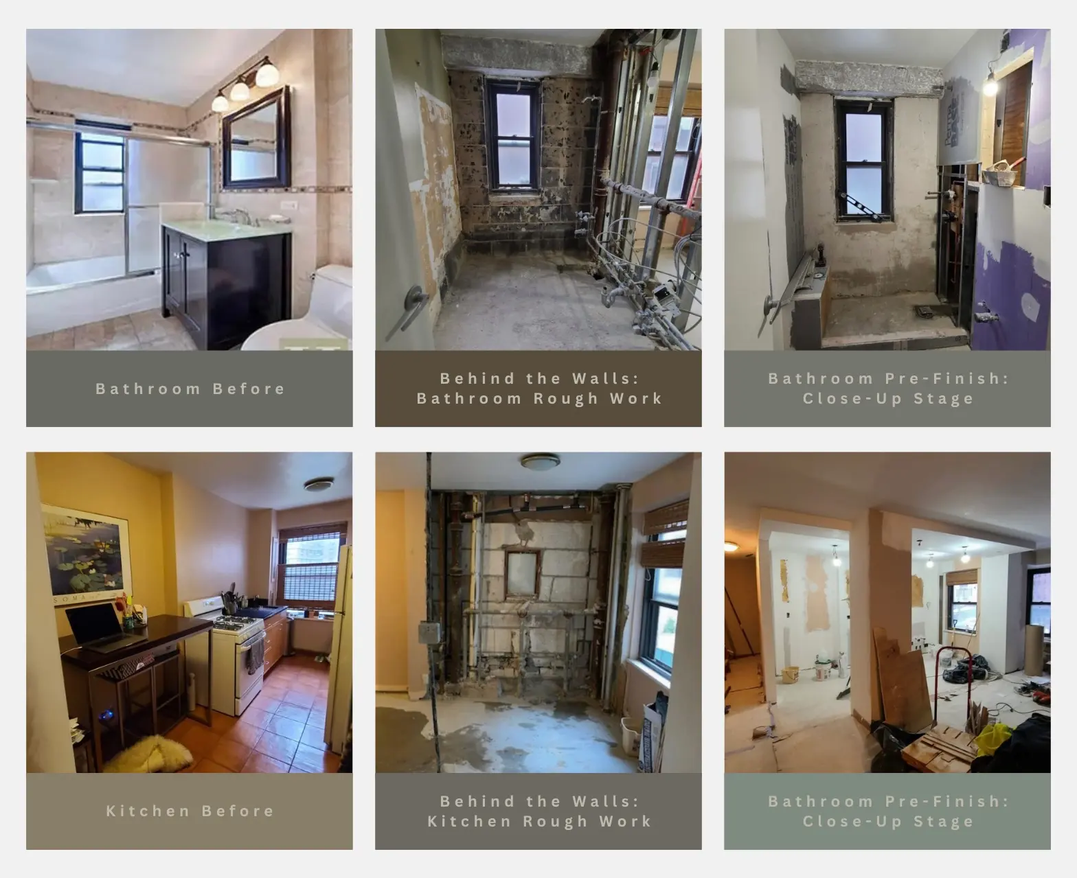 Progress of kitchen and bathroom gut renovation in Brooklyn completed by Star Renovations NY.
