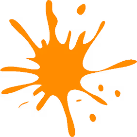 Bright orange paint splatter with irregular shape and several small droplets around it.