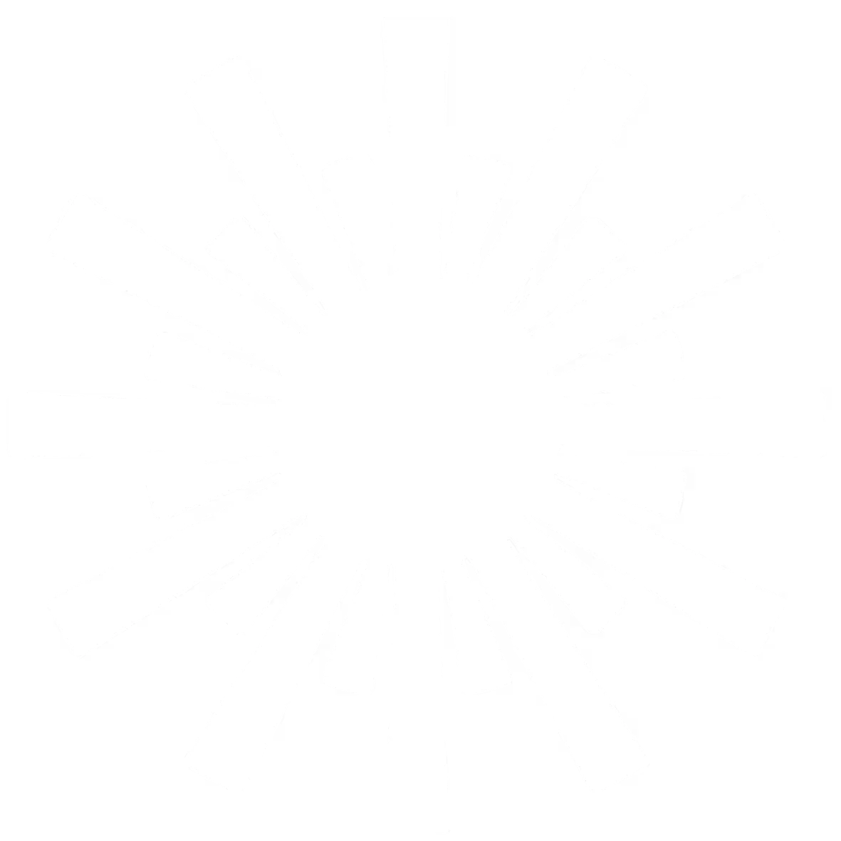 Hvid sol med lange og korte stråler strålende ud fra centrum på sort baggrund.