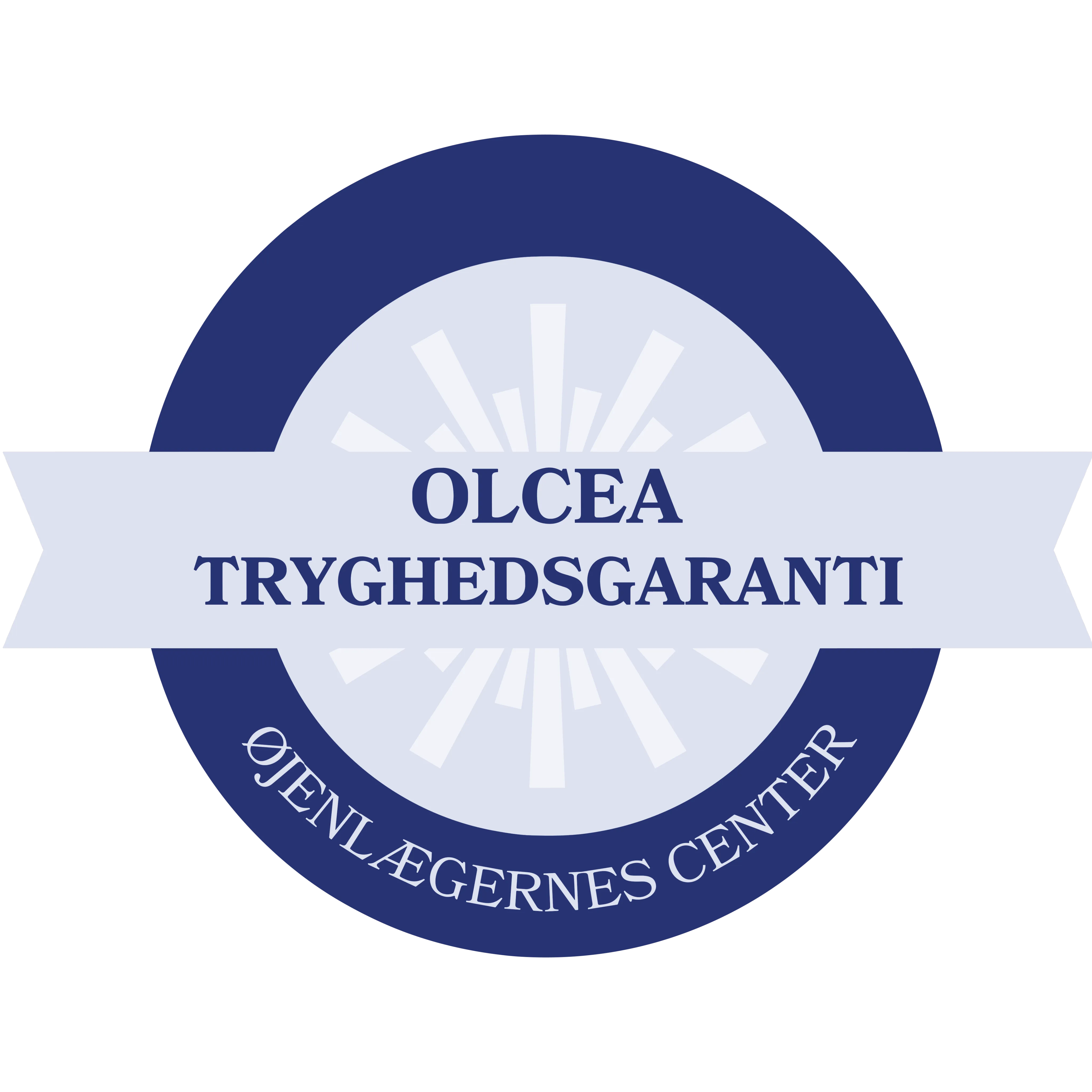 Olcea Tryghedsgaranti mærkat fra Øjenlægernes Center med blå og lyseblå farver og strålende grafik.