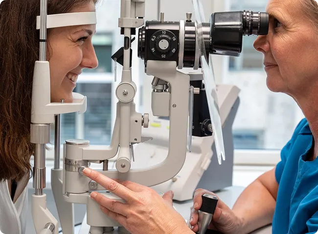 En kvinde får en øjenundersøgelse med en spaltelampe af en øjenlæge i en klinik.