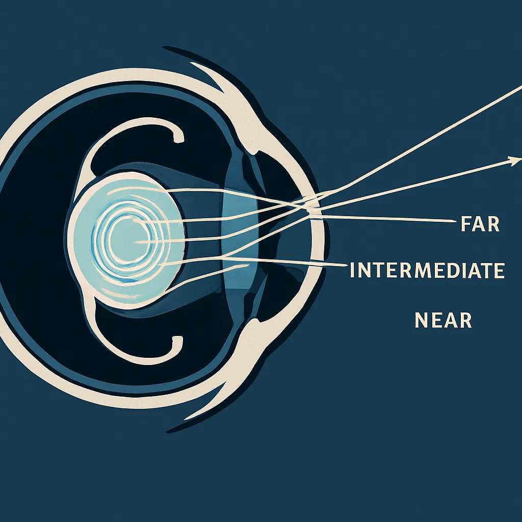 Diagram af et øje med lysstråler fokuseret i tre punkter mærket som fjern, mellemliggende og nær.