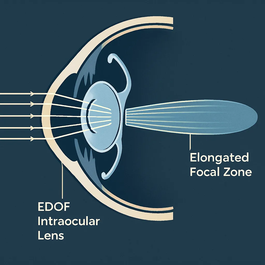 Diagram, der viser et EDOF-intraokulært objektiv i øjet, der fokuserer lysstråler i en forlænget fokalzone.