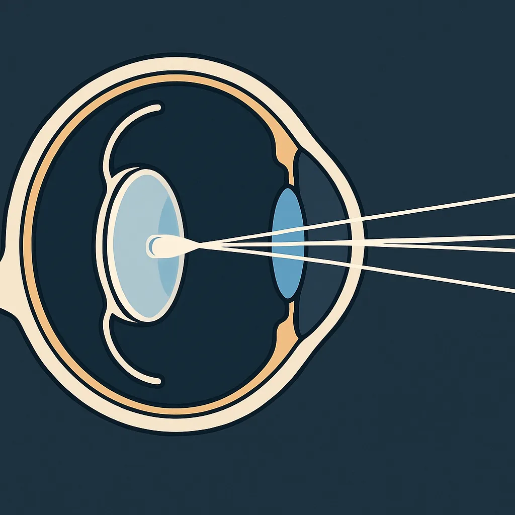 Diagram af et øje med lysstråler, der fokuserer på en enkelt linse inde i øjet.