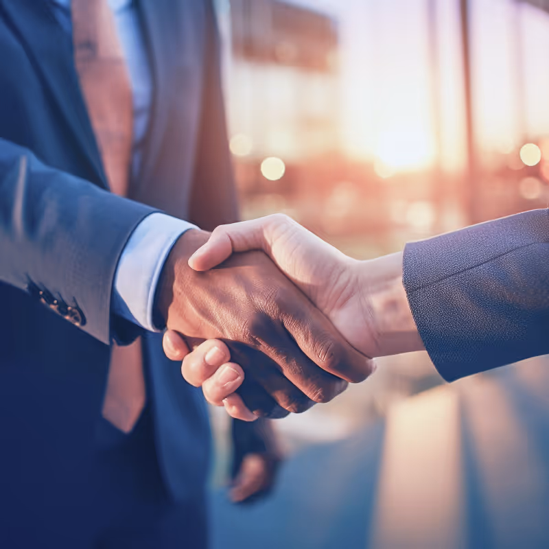 Close-up of two businesspeople shaking hands in a professional setting with warm sunlight in the background.