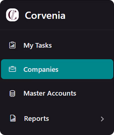 Sidebar menu of Corvenia application with options: My Tasks, highlighted Companies, Master Accounts, and Reports.