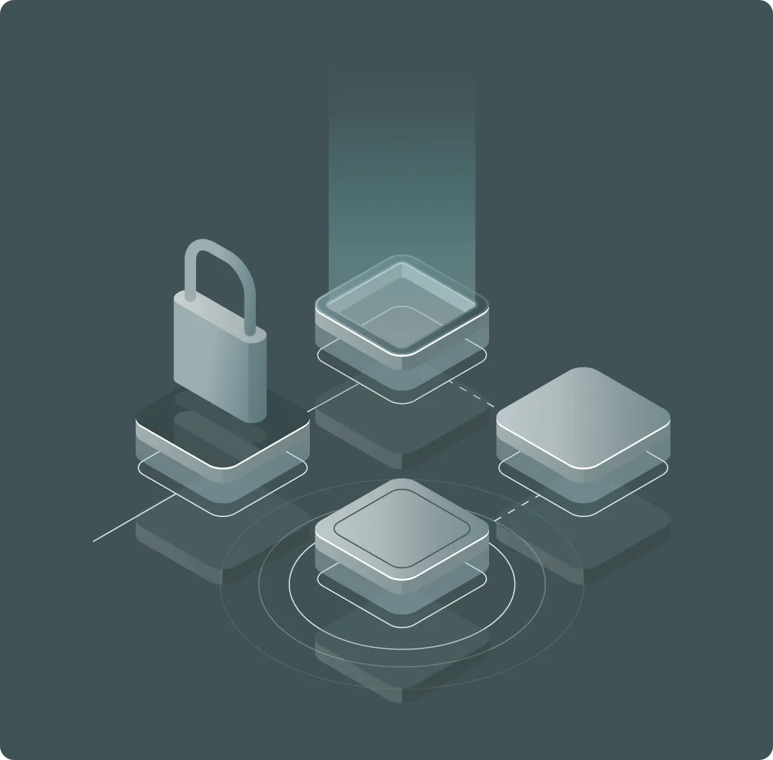 3D illustration of interconnected translucent cubes with a padlock icon, representing data security or network protection.