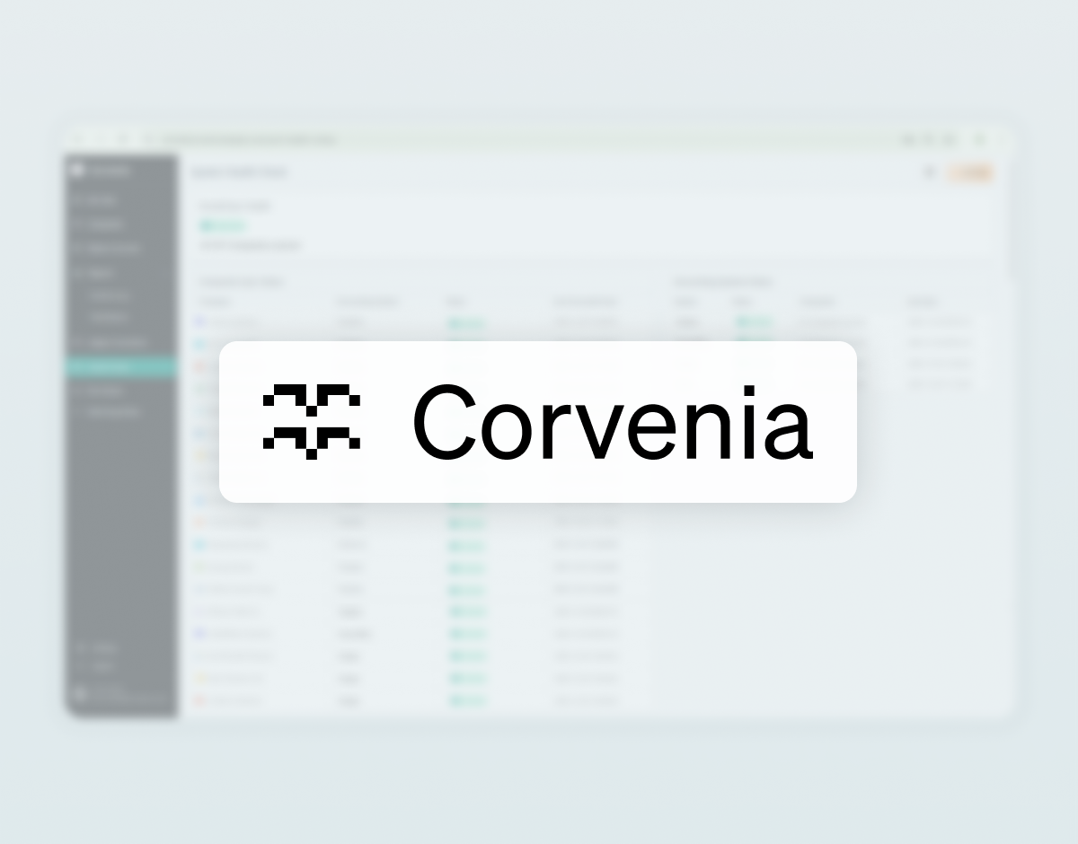 Corvenia-logo med stilisert bokstav C på en hvit avrundet rektangelbakgrunn.