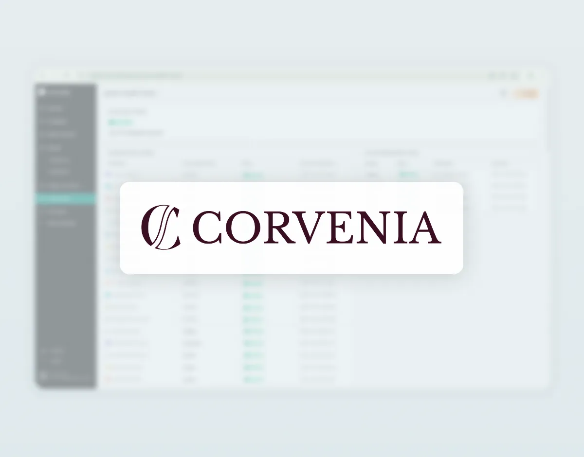 Corvenia logo with stylized letter C on a white rounded rectangle background.