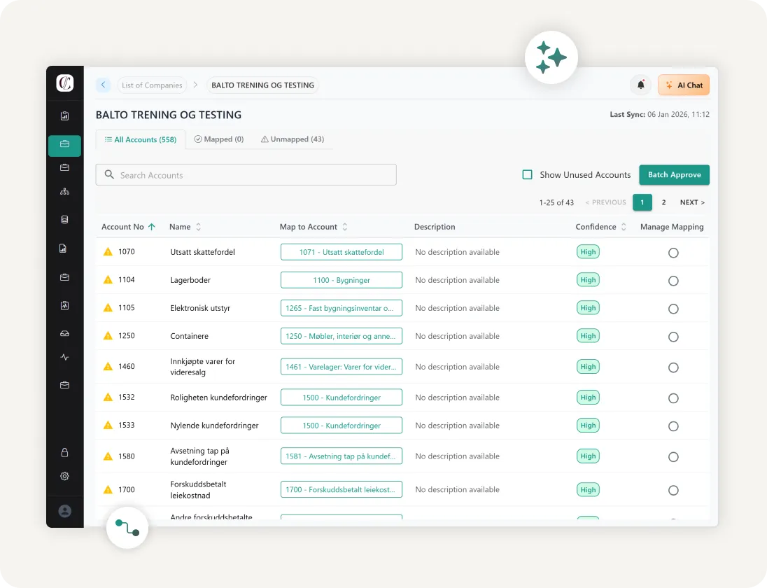 Accounting software interface showing account list for Balto Trening Og Testing with account numbers, names in Norwegian, mapped account links, confidence levels marked high, and options to manage mapping.