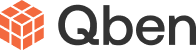 Qben logo featuring an orange hexagonal shape with black lowercase text 'qben'.