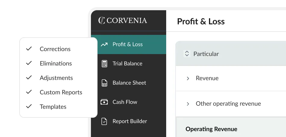 Software interface showing Corvenia menu with Profit & Loss, Trial Balance, Balance Sheet, Cash Flow, Report Builder.