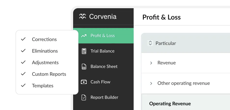 Software interface showing Corvenia menu with Profit & Loss, Trial Balance, Balance Sheet, Cash Flow, Report Builder.
