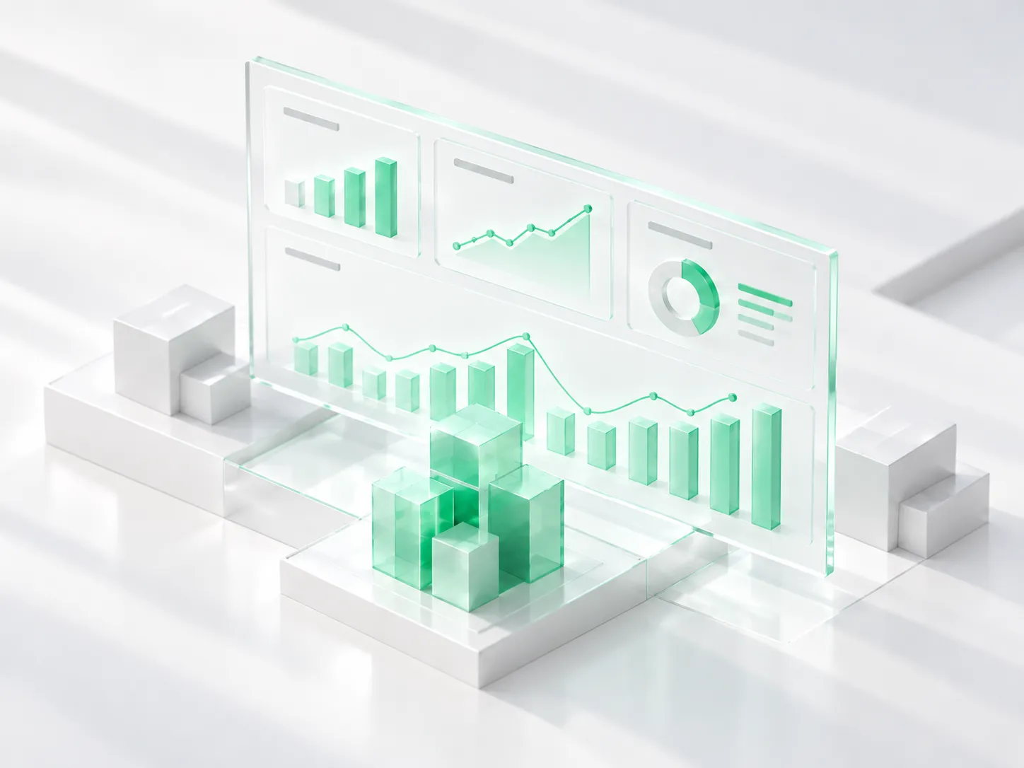 3D laptop displaying bar and line charts with additional floating icons and a 16.4% year-over-year EBIDTA increase indicator.