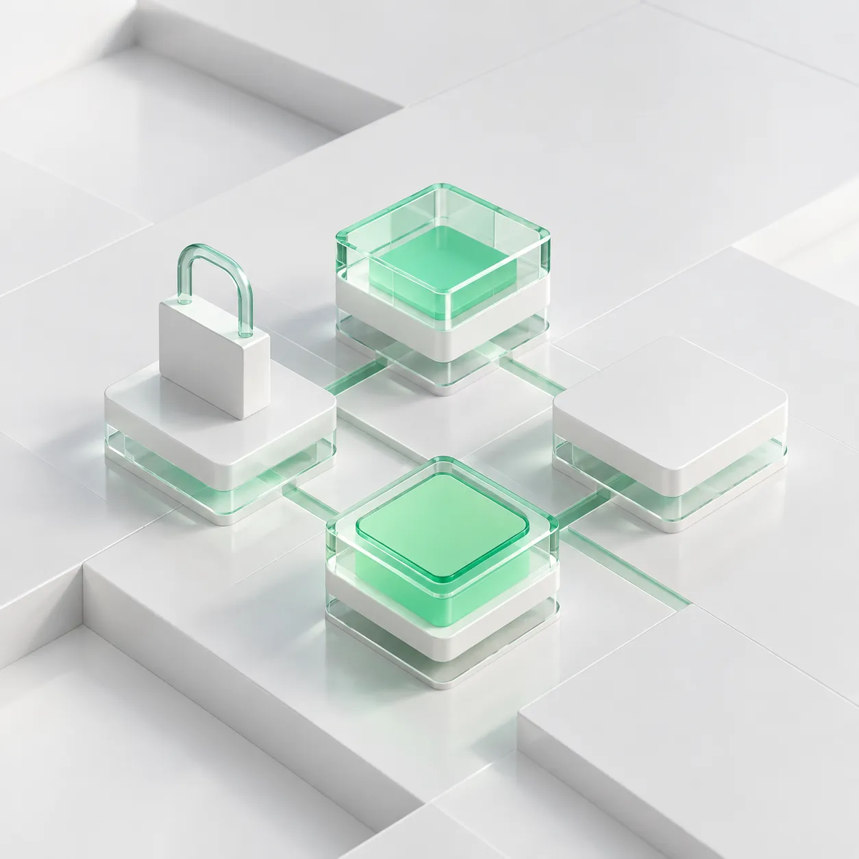 Isometric illustration of interconnected blocks with a lock symbolizing security and data protection.