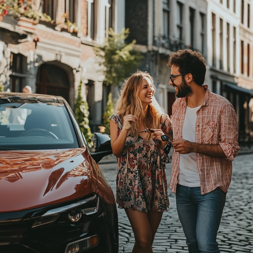 Jong stel lacht terwijl de man autosleutels aan de vrouw geeft naast een rode auto in een stad.