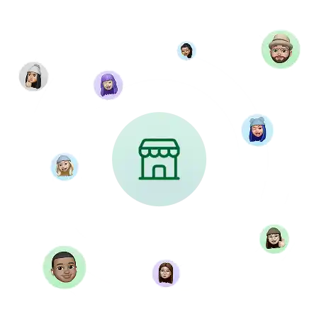 Illustration of a small store icon at the center with eight diverse cartoon face avatars arranged in a circular orbit around it.