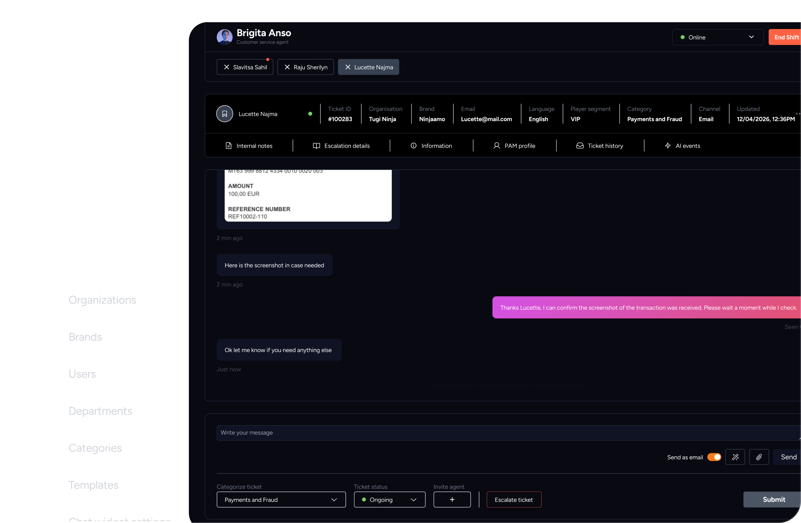 Tugi Tark AI customer service dashboard for iGaming operators