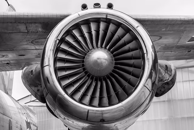 Close-up front view of a vintage aircraft jet engine turbine in black and white.
