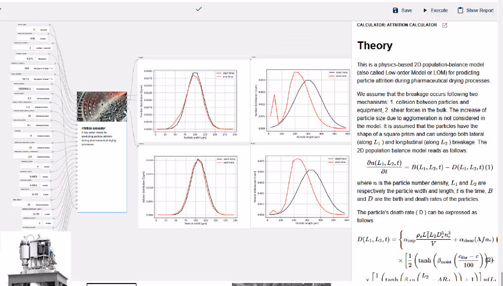 Screen capture of an attrition calculator showing input parameters on the left, a central attrition process image, four graphs of particle size and length distributions comparing start and end time, and physics-based theory text on the right.