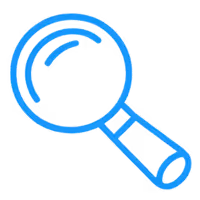 Blue magnifying glass icon with a simple handle on transparent background.