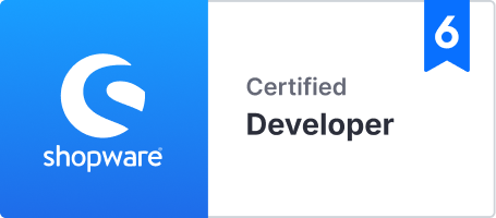 Shopware Zertifizierter Entwickler Abzeichen mit Nummer 6 in blauem und weißem Design.