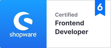 Shopware badge for Certified Frontend Developer with a blue ribbon marked number 6.