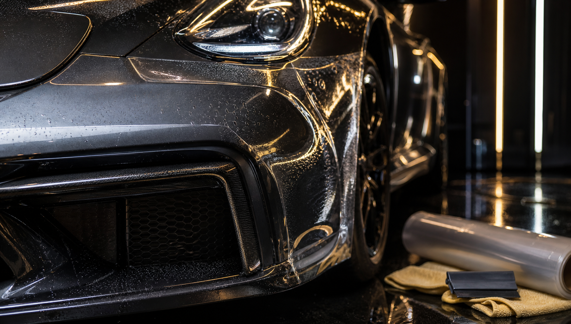 Close-up of precise PPF workmanship around a gunmetal headlight and fender contour