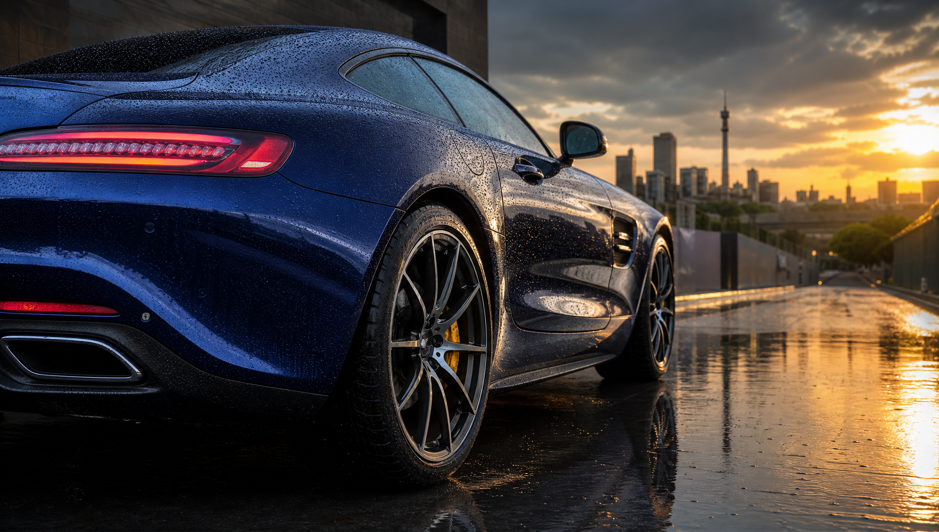 Deep blue luxury coupe after a Highveld shower with wet-road reflections